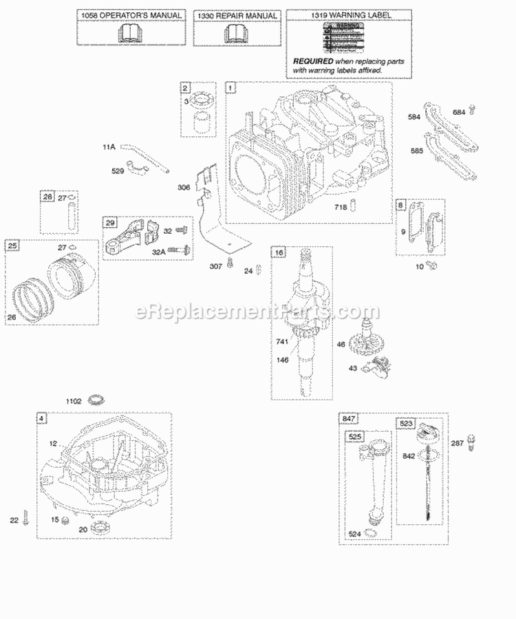 Camshaft Crankshaft Cylinder Engine Sump Lubrication Piston Group Diagram and Parts List for 12R512-0114-B1  Briggs and Stratton Engine